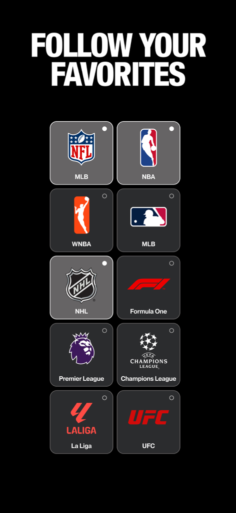 Arena - The Sports Super App - Arena app screen displaying various sports league logos to follow including NFL NBA and MLB