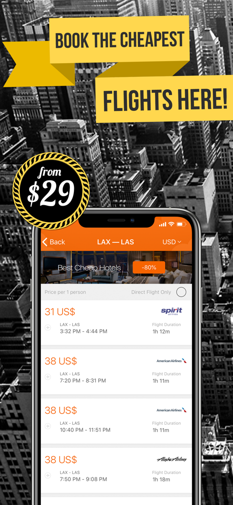 Captura de tela do aplicativo Cheap Flight Finder mostrando resultados de pesquisa de voos de LAX para LAS com preços a partir de 29 dólares.