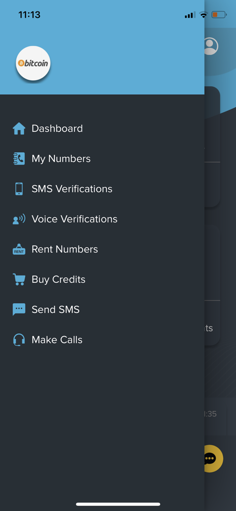 SMSCodes.io - SMSCodes.io 앱 사이드바 메뉴로 SMS 인증, 음성 인증 및 번호 임대 옵션이 표시됩니다.