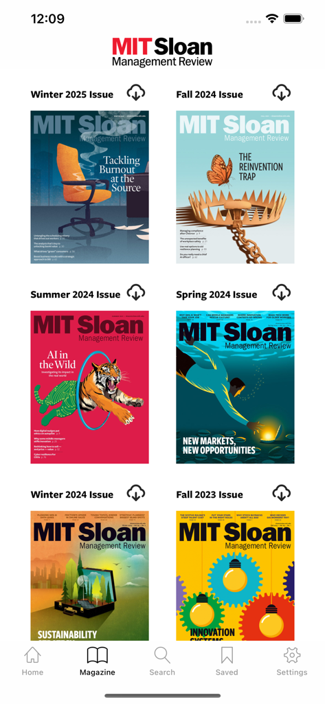 MIT Sloan Management Review app showing a library of digital magazine issues.