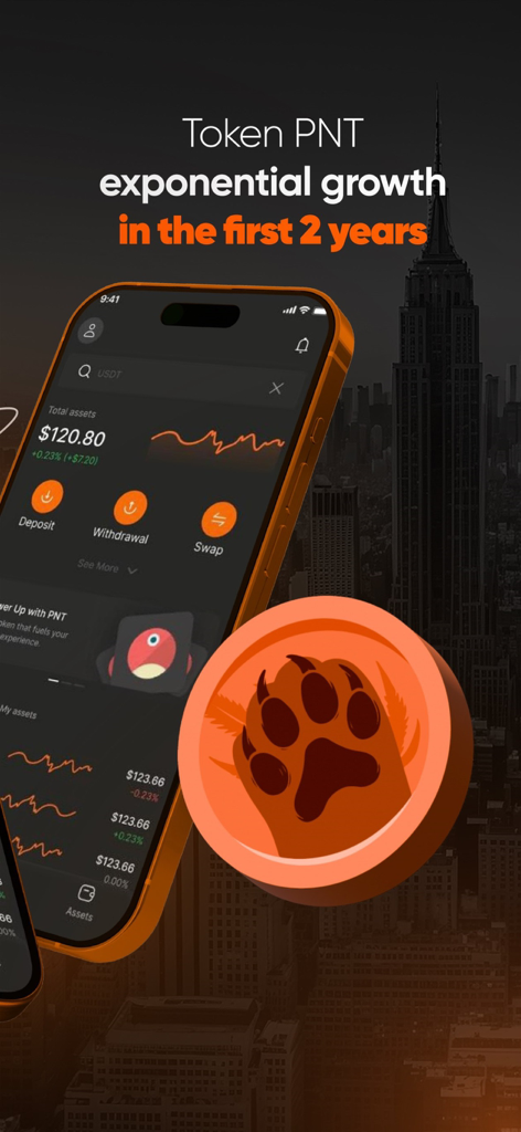 Panther: Wallet Crypto - Interfaz de la aplicación Panther Wallet mostrando el token PNT y el panel de activos criptográficos