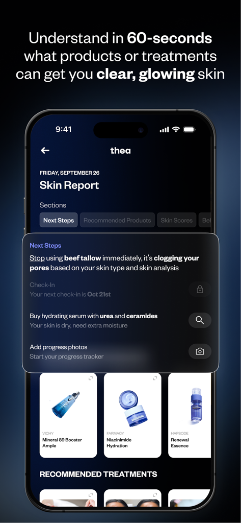 Interface der Thea-App, das einen personalisierten Hautbericht mit Verbesserungen der Routine und empfohlenen Hautpflegeprodukten anzeigt.