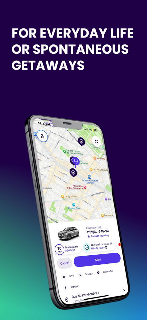 Free2move | Car Share & Rental - Smartphone screen displaying the Free2move car sharing app map with available electric vehicles