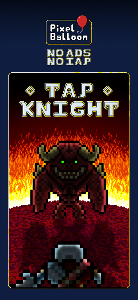 Tap Knight - Idle Adventure - Caballero de arte pixelado enfrentando a un gran jefe demonio con cuernos rojos y ojos verdes frente a una pared de fuego.