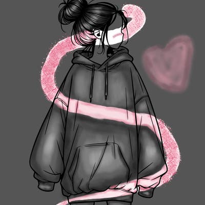 realistic girl with a oversized sweatshirt on and a bun