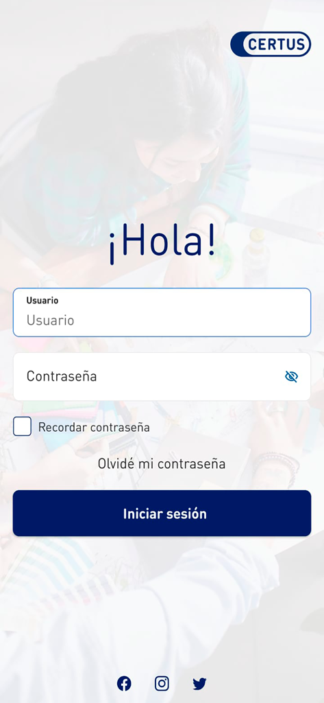 Pantalla de inicio de sesión para la aplicación móvil Certus para estudiantes