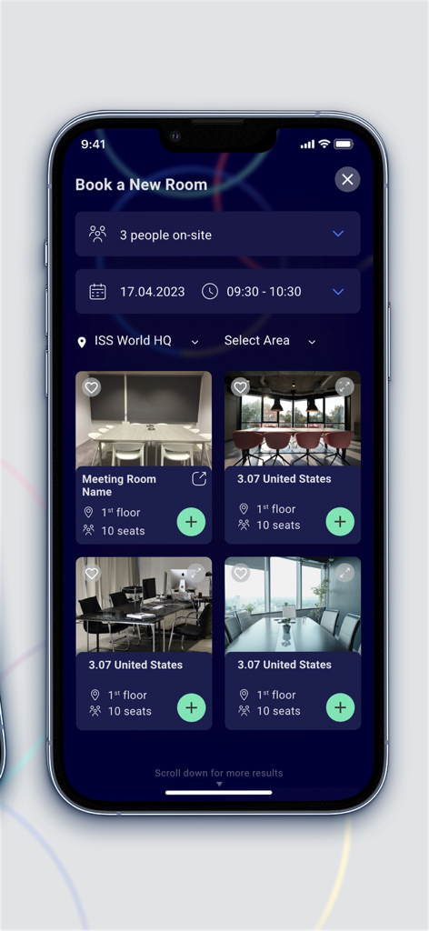 Mobile interface of the Convenie by ISS app showing available meeting rooms for booking