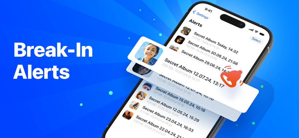 An iPhone screen displaying the Break-In Alerts feature in the Secret Photo Album app showing a list of intruder photos with timestamps