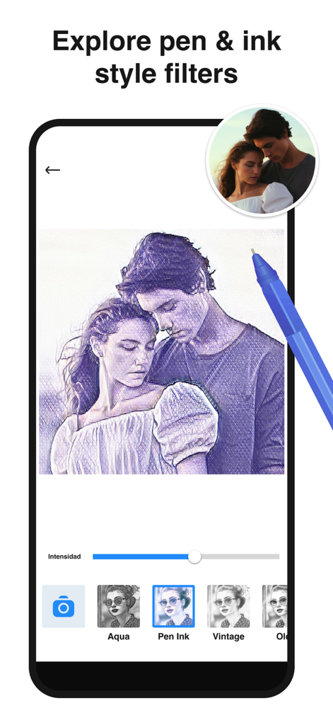 Pencil sketch photo edito - Captura de pantalla de la aplicación Editor de Fotos de Boceto a Lápiz que muestra un filtro de estilo pluma y tinta aplicado a una foto de una pareja.