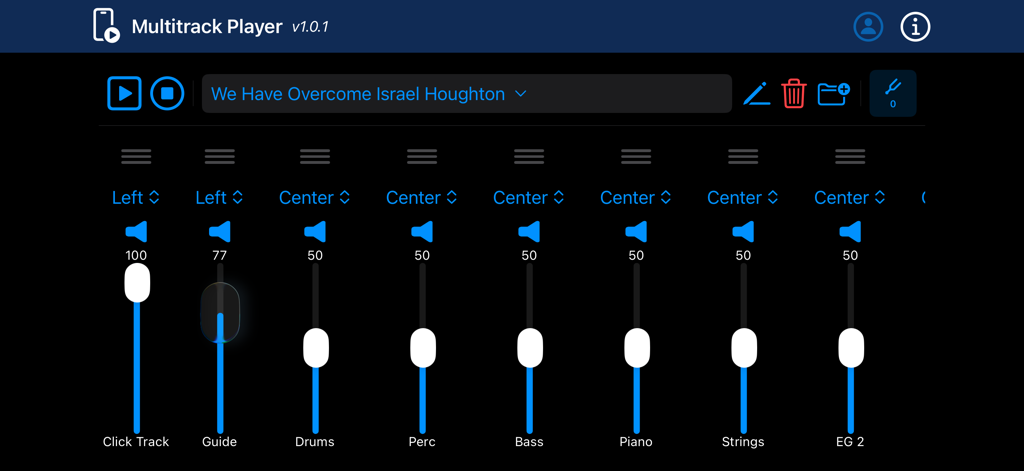 The Multitrack Player - Digital audio mixing interface with multiple track faders for live music performance