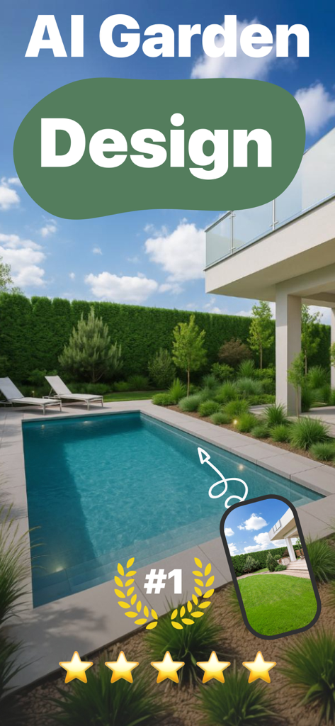 AI Garden Design: Yardly - Comparación de antes y después de un patio trasero simple transformado en una lujosa área de piscina y jardín usando IA