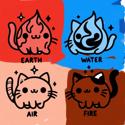 4 cats that represent the different elements, earth, water, air, and fire