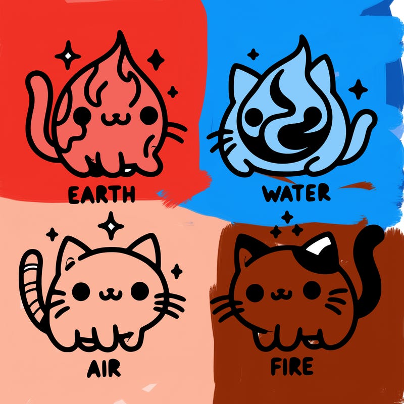 4 cats that represent the different elements, earth, water, air, and fire