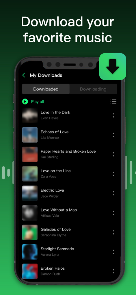 Captura de pantalla de la interfaz de la aplicación Sound Music que muestra una lista de canciones descargadas para escuchar sin conexión.