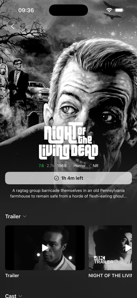 Vista detallada de una película en la aplicación Fusion Media Center que muestra información y tráilers de Night of the Living Dead.