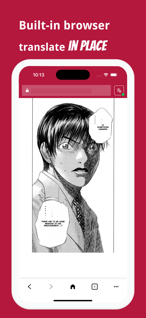 Manga Translator - Manga Translator app showing real-time in-place translation of a manga page within its built-in browser.