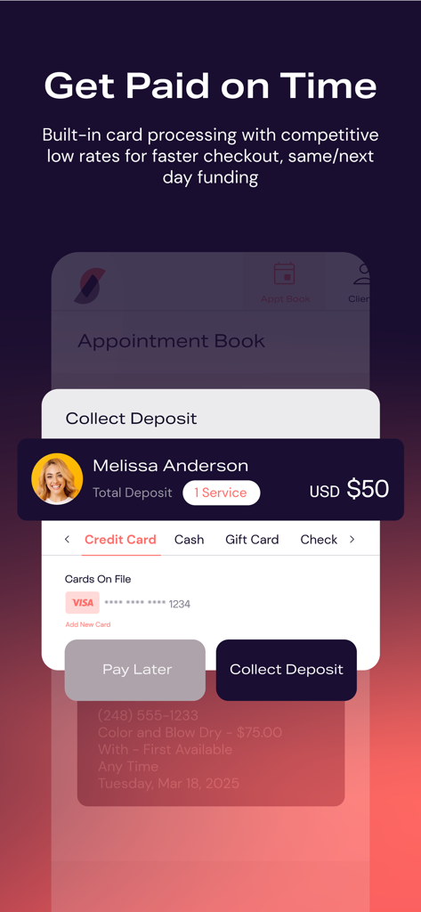 DaySmart Salon app interface for collecting client deposits and payment processing