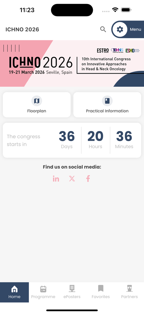 Pantalla de inicio de la aplicación médica del congreso ICHNO 2026 con una cuenta atrás e información del evento