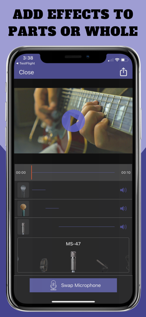 MicSwap Video: Audio FX Editor - Interfaz de la aplicación móvil para editar pistas de audio y cambiar modelos de micrófono en un video