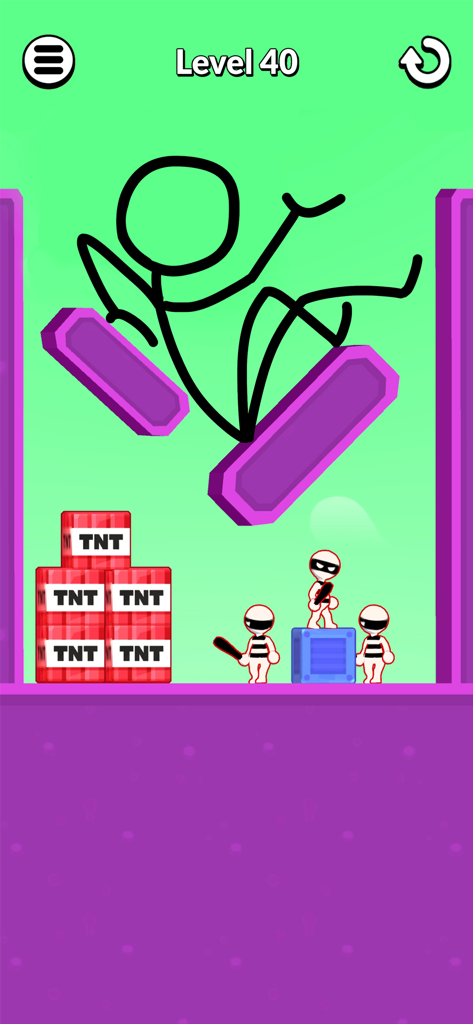 Draw Hero 3D: Fun Puzzle Games - Gameplay screenshot of Draw Hero 3D showing a stickman figure falling toward TNT barrels and bandit enemies on level 40