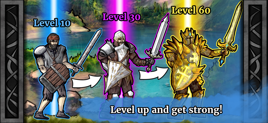Paladin's Story: Fantasy RPG - Uma representação visual da progressão do personagem paladino mostrando atualizações de armadura e armas do nível 10 ao 60