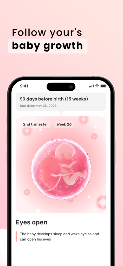 Interfaz de la aplicación Mooni que muestra hitos de desarrollo fetal y seguimiento del crecimiento del bebé durante el segundo trimestre