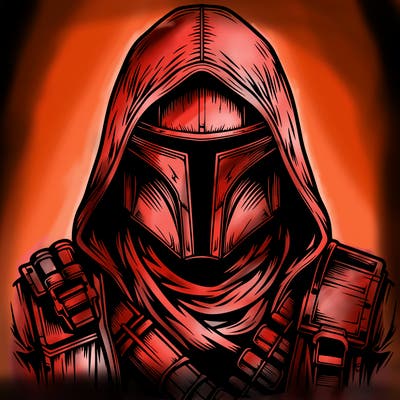 realistic warrior bounty hunter with mask and hood on