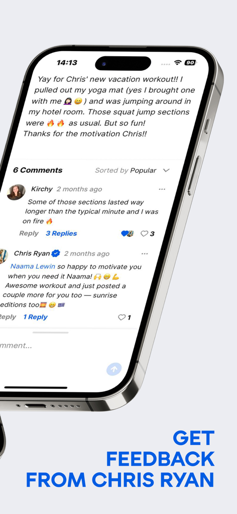 Chris Ryan Fitness: Home & Gym - Chris Ryan Fitness app screen showing community comments and coach interaction