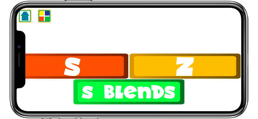 Pantalla del menú principal de la aplicación de terapia del habla con grandes botones coloridos para S, Z y Mezclas S.