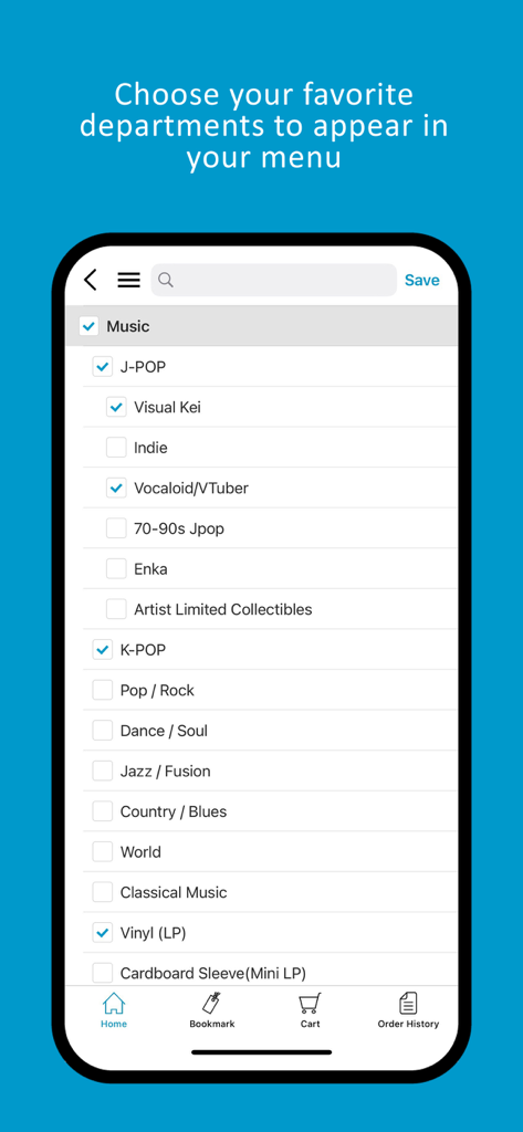 CDJapan App - Schermata dell'app CDJapan che mostra le opzioni per personalizzare il menu di navigazione con categorie musicali preferite