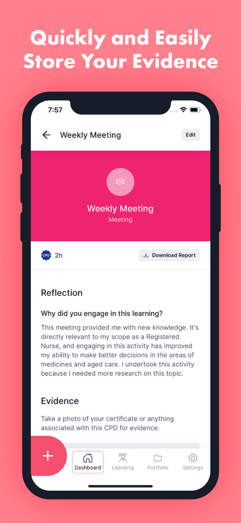 Ausmed - CE Portfolio App - Mobile interface of the Ausmed app showing how to document learning reflections and store CPD evidence.