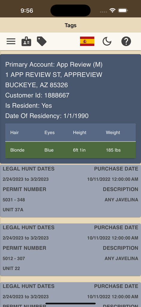 Arizona E-Tag - Arizona E-Tag app screen displaying personal hunting license information and javelina hunt permits