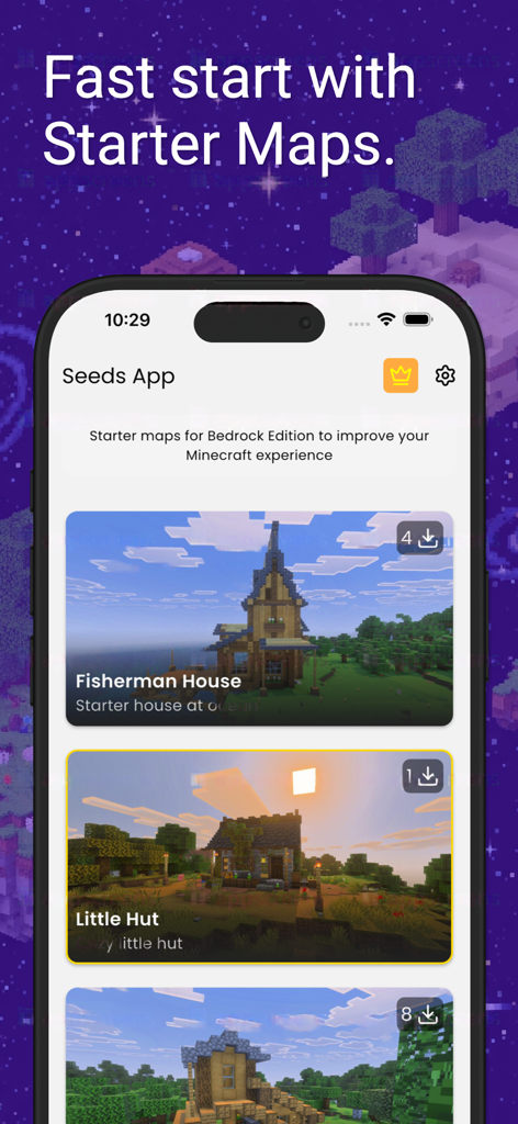 A mobile screen showing Minecraft starter maps like Fisherman House and Little Hut for Bedrock Edition.