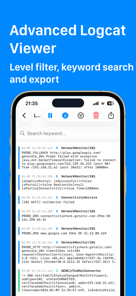 ADB Connect & Debugger for ATV - Android TVデバッグ用の検索およびフィルターを備えた高度なLogcatビューアを示すiPhone画面。