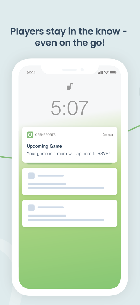 Notificação push do OpenSports na tela de bloqueio de um smartphone para um lembrete de jogo