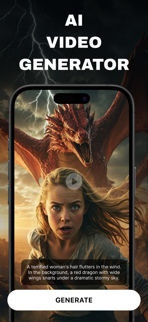 Flow AI - Video Generator - Écran de l'application Flow AI Video Generator montrant une invite texte et une vidéo cinématographique d'une femme et d'un dragon