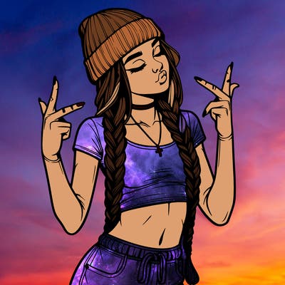 realistic teenage girl with braids and a beanie and crop top doing 🫶🏼