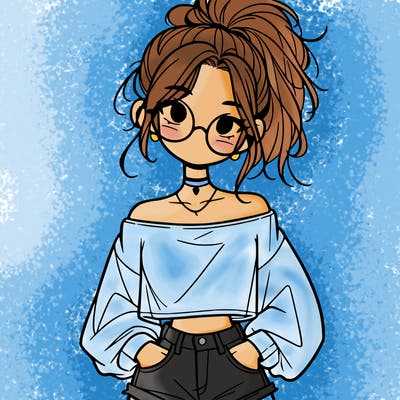 girl with a messy ponytail glasses a baggy crop top and jean shorts