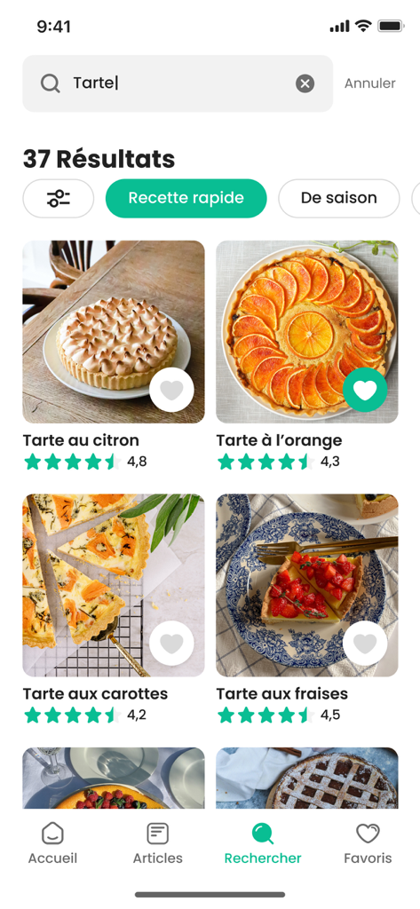 Résultats de recherche pour les recettes de tartes dans l'application de cuisine 750g