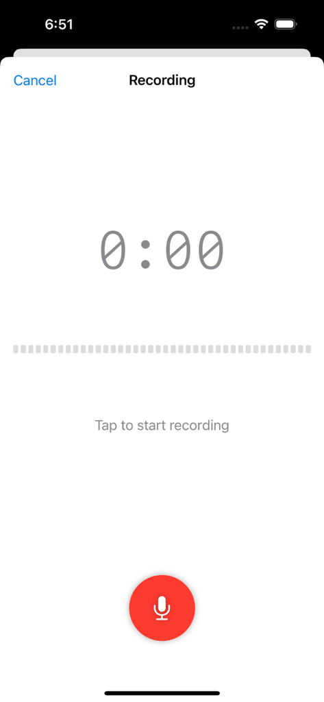 SecureVox - SecureVox app interface for starting a voice recording with a red microphone button