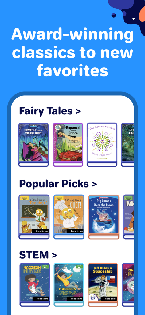 Una pantalla de la aplicación Splash Books que muestra una biblioteca de libros infantiles organizada en categorías como Cuentos de Hadas, Selecciones Populares y STEM.