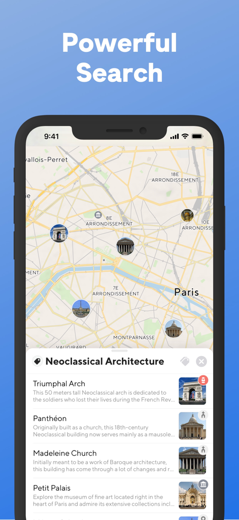 Tripomatic app interface showing a map of Paris with search results for neoclassical architecture landmarks