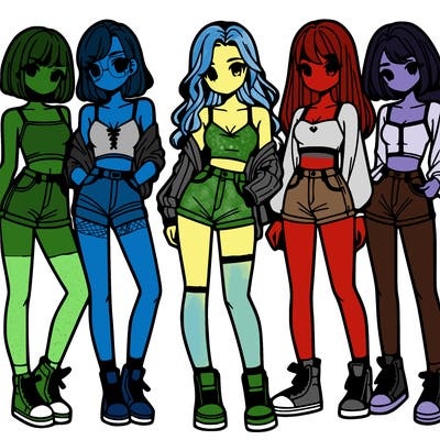 a group of girls wearing crop tops and shorts