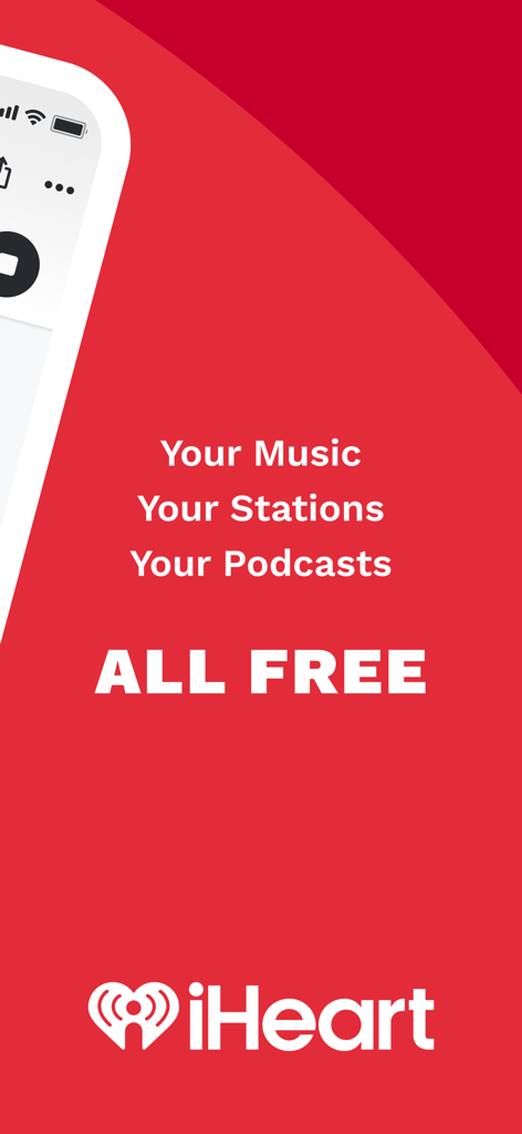 iHeartRadio app promotional screen featuring free music stations and podcasts on a red background