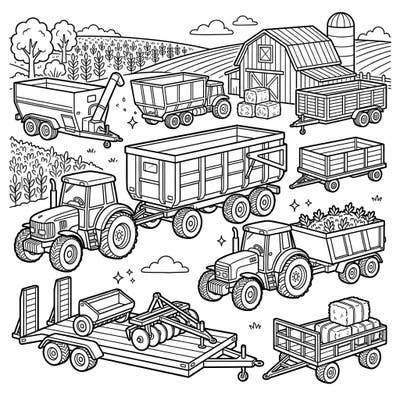 Discover the fascinating world of farming with this detailed coloring page showcasing various agricultural trailers and powerful tractors. Perfect for aspiring farmers and anyone who loves the machinery of the countryside, this scene offers endless coloring possibilities.