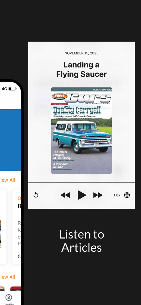 Old Cars Weekly - Audio player interface in the Old Cars Weekly app for listening to classic car articles