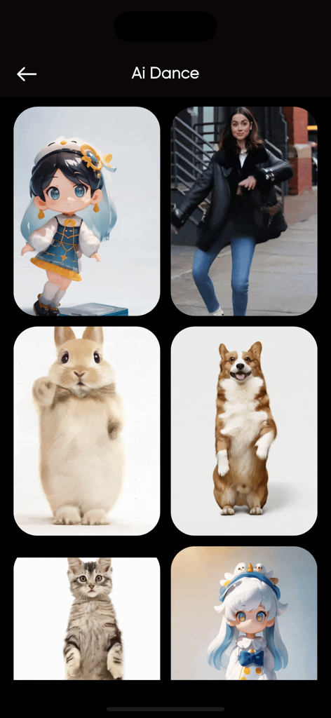 HVid : Ai Cloth Changer - Interface do aplicativo HVid mostrando o recurso de Dança de IA com uma grade de modelos, incluindo pessoas, personagens de anime e animais de estimação como gatos e cachorros.
