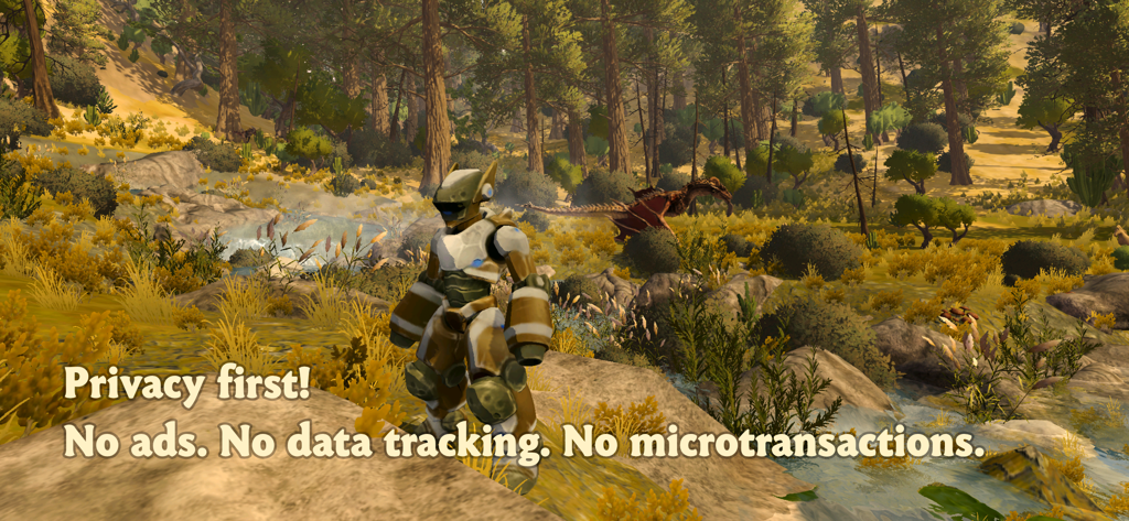 Wilderless: Dune Barrens - A robotic character explores a lush forest in Wilderless Dune Barrens with text emphasizing privacy and no ads