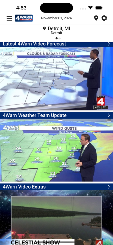 WDIV 4Warn Weather app interface featuring local video forecasts and weather updates for Detroit