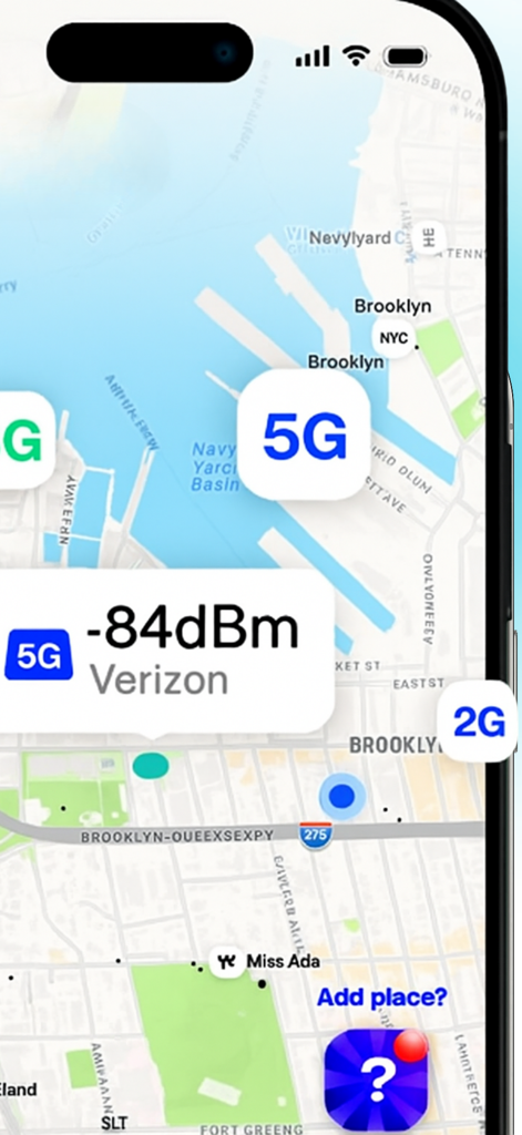 cellular signal strength - Interfaz de mapa que muestra la intensidad de señal celular de menos 84 dBm para Verizon 5G